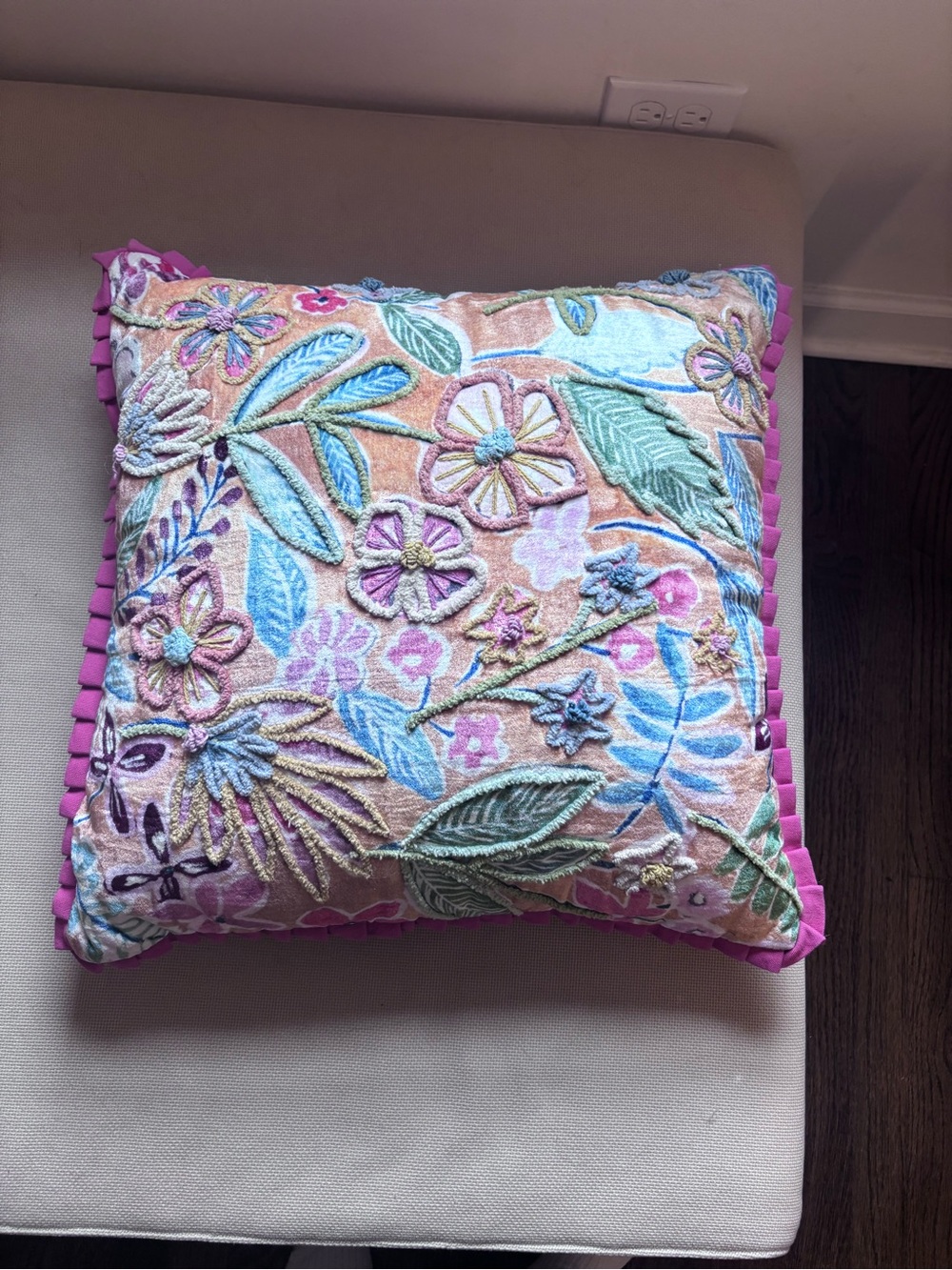 Embroidered Velvet with Floral Throw Pillow in Pink